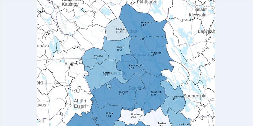 22 Kuva 14 Yksinasuvien asuntokuntien osuus kunnittain (2014), % Kun tarkastellaan asuntokuntien kokoa ja niiden sijoittumista Keski-Suomen maakunnassa huomio kiintyy asuntokuntiin, jonka muodostaa