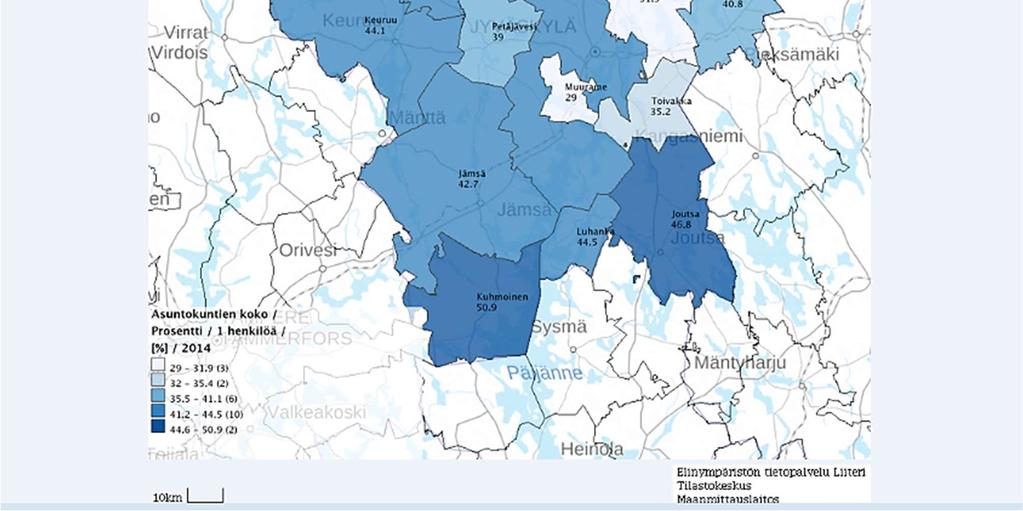 Koko maan alin luku on 19,9 % ja korkein 60,7 %. Asuntokuntia, joissa on vähintään yksi alle 18-vuotias henkilö, on Keski-Suomessa 20,7 % kaikista asuntokunnista (koko maa 21,6 %).