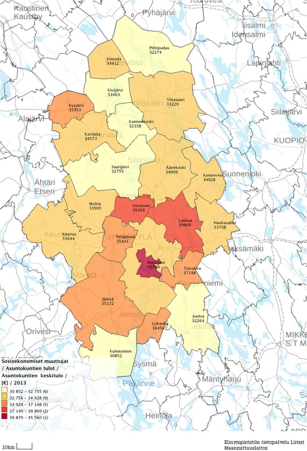 25 1.6 Asuntokuntien keskitulot Keski-Suomessa asuntokuntien keskitulojen vaihteluväli kuntakohtaisessa vertailussa on melko suuri. Suurin asuntokuntien keskitulo (v.
