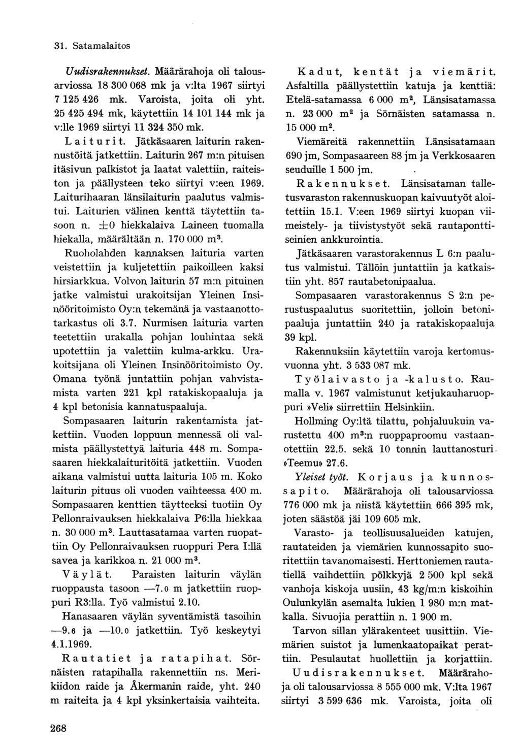 Uudisrakennukset. Määrärahoja oh talousarviossa 18 300 068 ja v:lta 1967 siirtyi 7 125 426. Varoista, joita oli yht. 25 425 494, käytettiin 14 101 144 ja v:lle 1969 siirtyi 11 324 350. Laiturit.