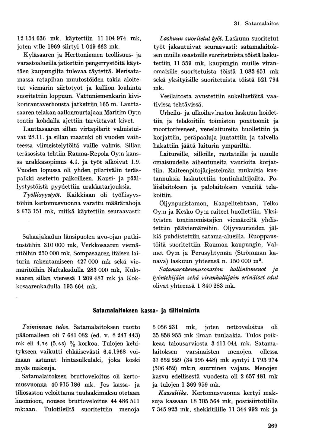 12 154 636, käytettiin 11 104 974, joten v:lle 1969 siirtyi 1 049 662. Kyläsaaren ja Herttoniemen teollisuus- ja varastoalueilla jatkettiin pengerrystöitä käyttäen kaupungilta tulevaa täytettä.