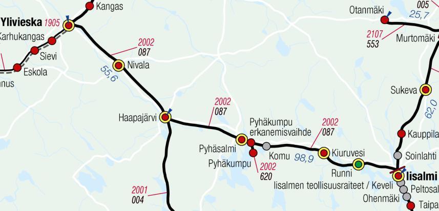 tonnia tavaraa, vaikka rataosan nykyinen sähköistämättömyys laskee rautatieliikenteen kilpailukykyä reitillä. Liikenne koostuu metalli-, kemian- ja metsäteollisuuden raakaaine- ja tuotekuljetuksista.