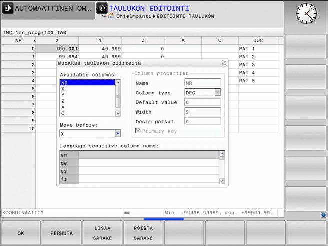 Erikoistoiminnot Vapaasti määriteltävät taulukot 10 Taulukkomuodon muuttaminen Toimi sen jälkeen seuraavasti: Paina ohjelmanäppäintä FORMAT EDITOINTI.