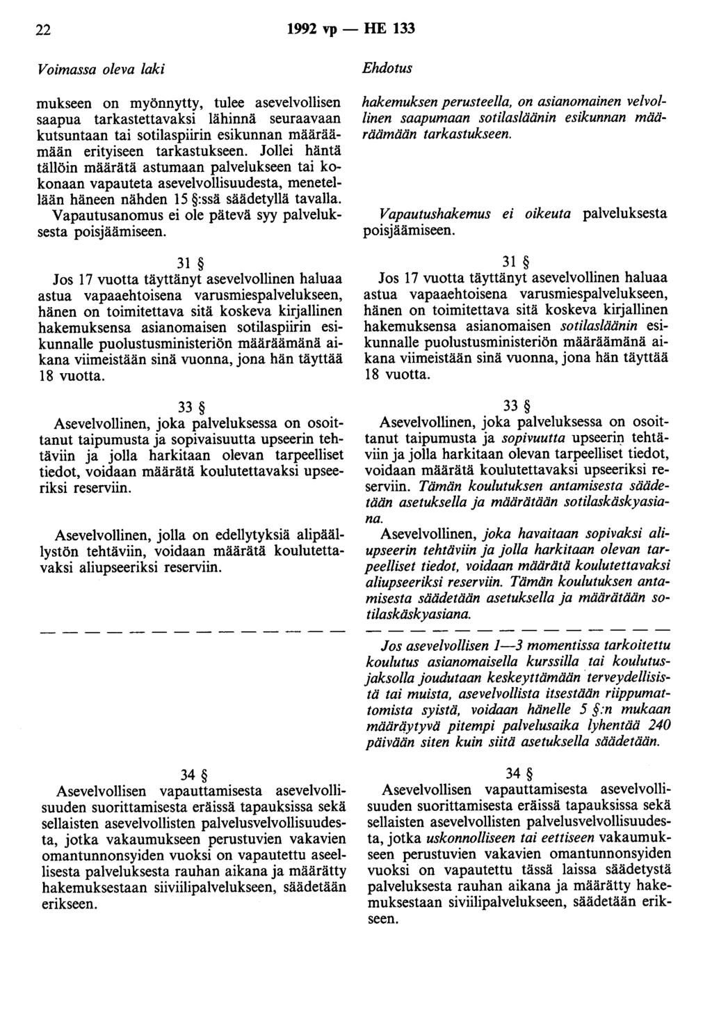 22 1992 vp - HE 133 Voimassa oleva laki mukseen on myönnytty, tulee asevelvollisen saapua tarkastettavaksi lähinnä seuraavaan kutsuntaan tai sotilaspiirin esikunnan määräämään erityiseen