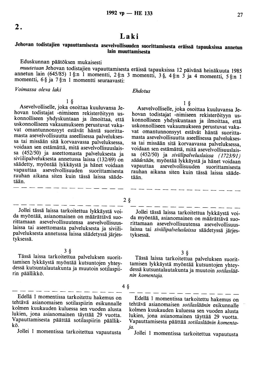 2. 1992 vp - HE 133 27 Laki Jebovan todistajien vapauttamisesta asevelvollisuuden suorittamisesta eräissä tapauksissa annetun lain muuttamisesta Eduskunnan päätöksen mukaisesti muutetaan Jehovan