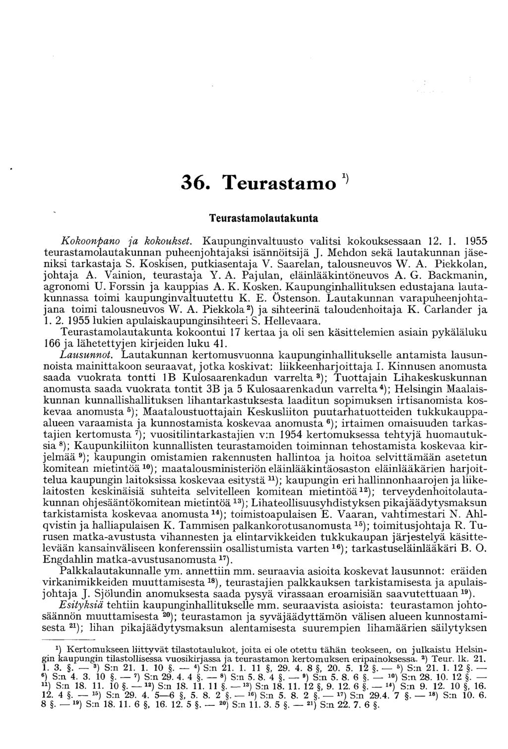 36. Teurastamo } Teurastamolautakunta Kokoonpano ja kokoukset. Kaupunginvaltuusto valitsi kokouksessaan 12. 1. 1955 teurastamolautakunnan puheenjohtajaksi isännöitsijä J.