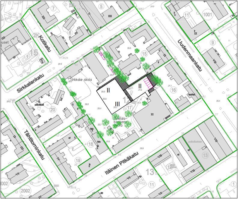 Havainnekuva koulurakennuksen sijoittumisesta tontille. Kuva perustuu Arkkitehtitoimisto Tommy Gustafsson Arkitektbyrån tekemään viitesuunnitelmaan (4.10.2017). Kaavaehdotuksessa (25.