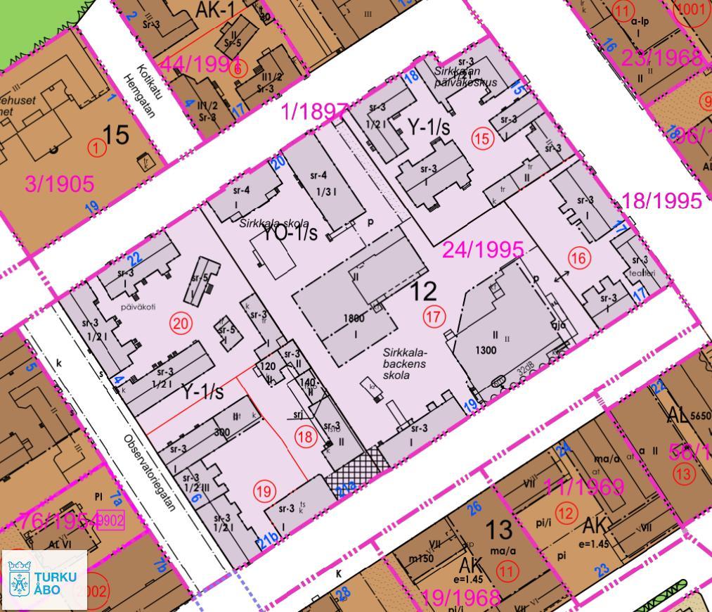 Maaperän haitta-ainetutkimus Sirkkalan koulu, Turku Kuva 2. Tutkimusalueen voimassa olevat asemakaavatiedot (Turun kaupungin karttapalvelu).