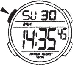 The sequence is: Time, alarm, stopwatch, countdown function (timer), time for different time zone. a) Time - 12/24 hour display - Displays hours,minutes, seconds, weekday and date.