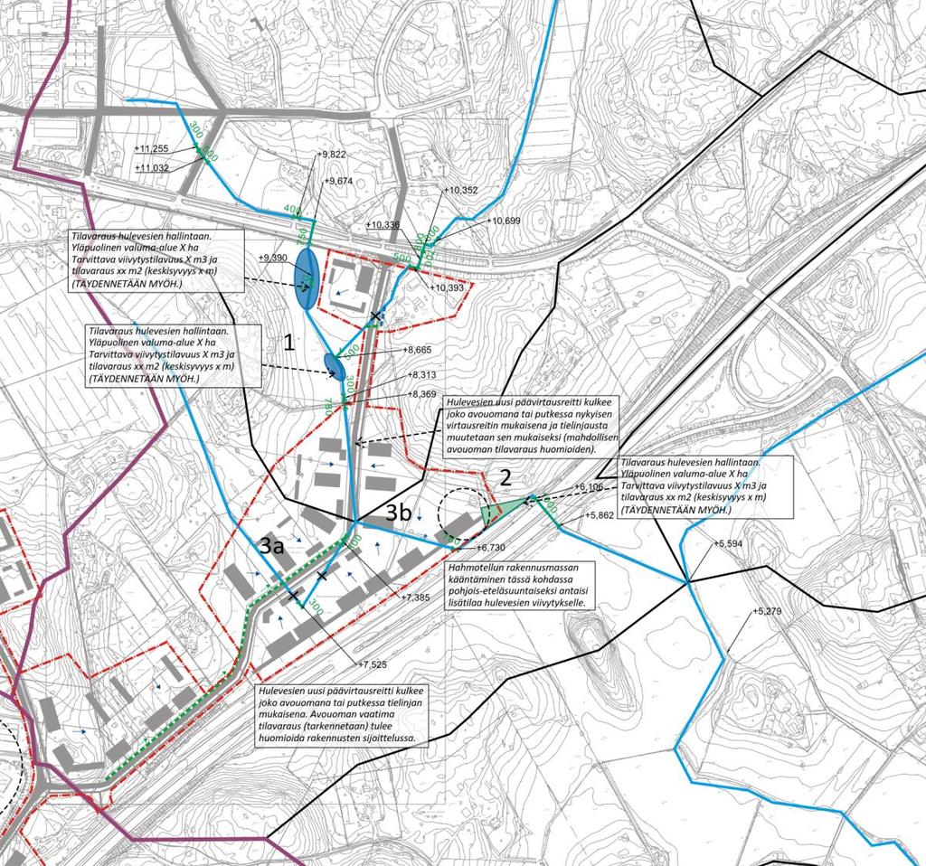 Hulevesisuunnitelma ITÄOSA ähtöohtana noudattaa olevia virtausreittejä Virtausreitit voidaan orvata tietyin edellytysin putilla uuden atulinjan