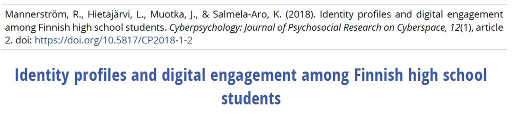 High school students identity profiles Identiteettiprofiilit lukiossa 20% 20% 30% 15% 15% Intoa