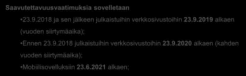 9.2018 julkaistuihin verkkosivustoihin 23.9.2020 alkaen (kahden vuoden siirtymäaika); Mobiilisovelluksiin 23.