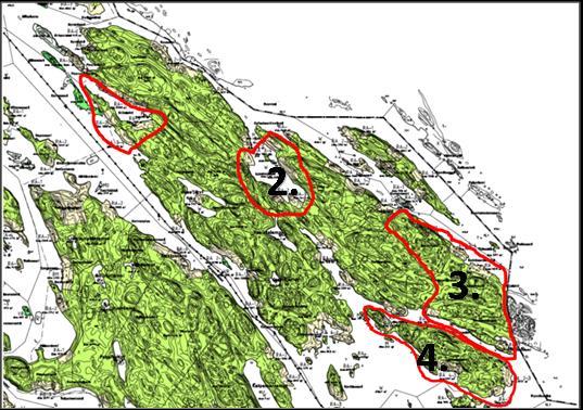 Ylimmässä kuvassa on ote Savonlinnan Pihlajaveden osayleiskaavasta niin, että kaikki Laattaansaaren rantakaavan osa-alueet näkymät samassa kuvassa.