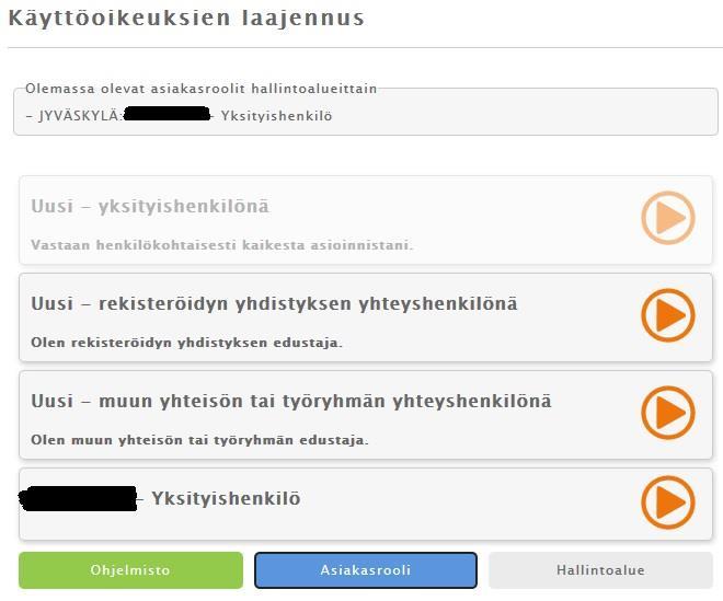 3 Käyttöoikeuksien laajentaminen organisaation yhteyshenkilöksi Mikäli halutaan laajentaa käyttöoikeuksia yksityishenkilöstä jonkun organisaation edustajaksi, kirjaudutaan järjestelmään ja klikataan