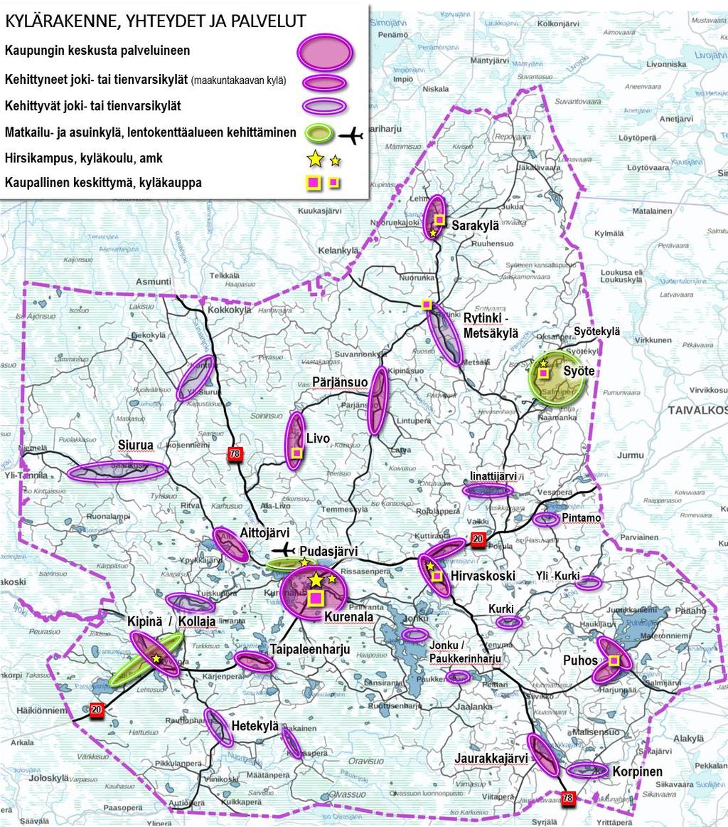 Kehityskuva Kehityskuvan nimi on Pudasjärvi - kylistään tunnettu, juureva ja moderni. Kehityskuvatyö on koostettu kahdeksalle teemakartalle, jotka ovat liitteenä A3-koossa.