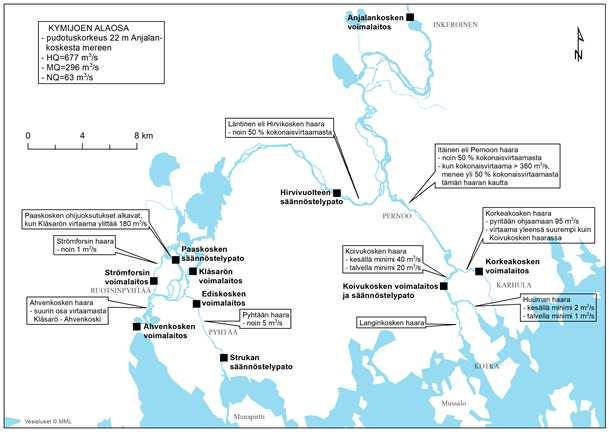 Raportti 10/42 Kuva 4. Anjalankosken voimalaitoksen alapuolinen Kymijoki, alueen vesivoimalaitokset ja säännöstelypadot sekä jokiuomien virtaamajaot (Lähde: Artell ym. 2017) 4.