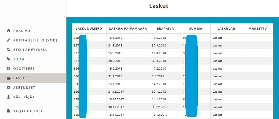 7. LASKUT Laskut -kohdasta näet asiakkaalle lähetetyt laskut, mikäli se on käyttöoikeuksien puitteissa sallittu. Laskut voidaan myös tarvittaessa tulostaa tai tallentaa PDF-dokumenttina.