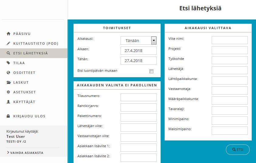 4. ETSI LÄHETYKSIÄ Lähetyksiä on mahdollista etsiä esimerkiksi lähettäjän tai vastaanottajan nimellä sekä kolli-id:llä (pakettinumerolla).