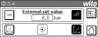 asetusarvon (Set value) sekä asetusarvon 2 vaihtokytkentäaikojen Setpoint 2 asetus Asetusarvo 2 [bar] On [h:min] 0,0 4,0 Anturi 00:00 23:59 Off