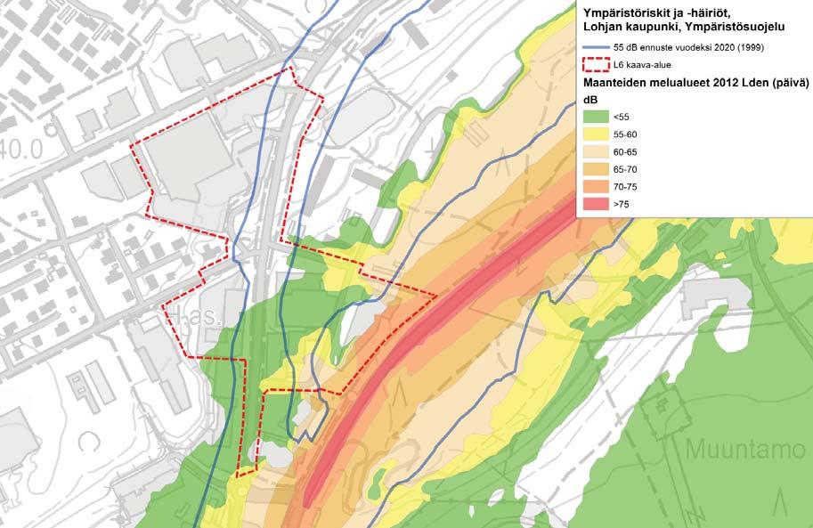 LÄHTÖKOHDAT Kuva a vt :n maantiemelu päivällä (0, Tielaitos) ja db:n melualue ennustetilanteessa 00 (Lähde: Lohjan Ympäristökartasto ja paikkatietoaineisto Länsi-Uudenmaan meluselvitys 999,