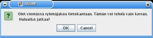 Valitaan Tiedosto -> Vie (kuva 27). Tulee ilmoitus kantaan viemisestä (kuva 28). Nyt jaottelu on tallennettu Ilmo-kantaan.