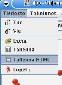 kurssin Web-sivulle. Tallentaminen tapahtuu seuraavasti: Valitaan Tiedosto -> Tallenna HTML (kuva 29).