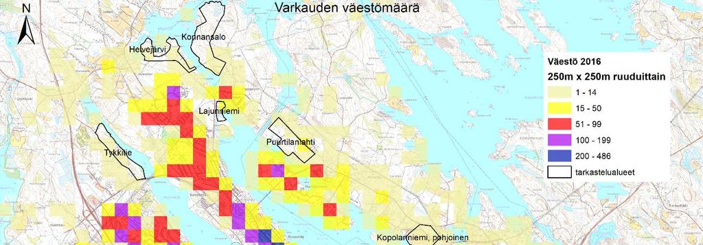 FCG SUUNNITTELU JA TEKNIIKKA OY Raportti 3 (38) Kuva 2. Tarkastelualueet ja Varkauden väestö 250x250 metrin ruuduissa (Lähde: Tilastokeskus, 2018).