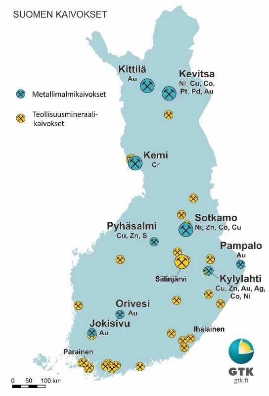 Suomessa on 44 kaivosta Vuonna 2016 kaivostoiminnan BKT vaikutus oli 1,2 mrd.