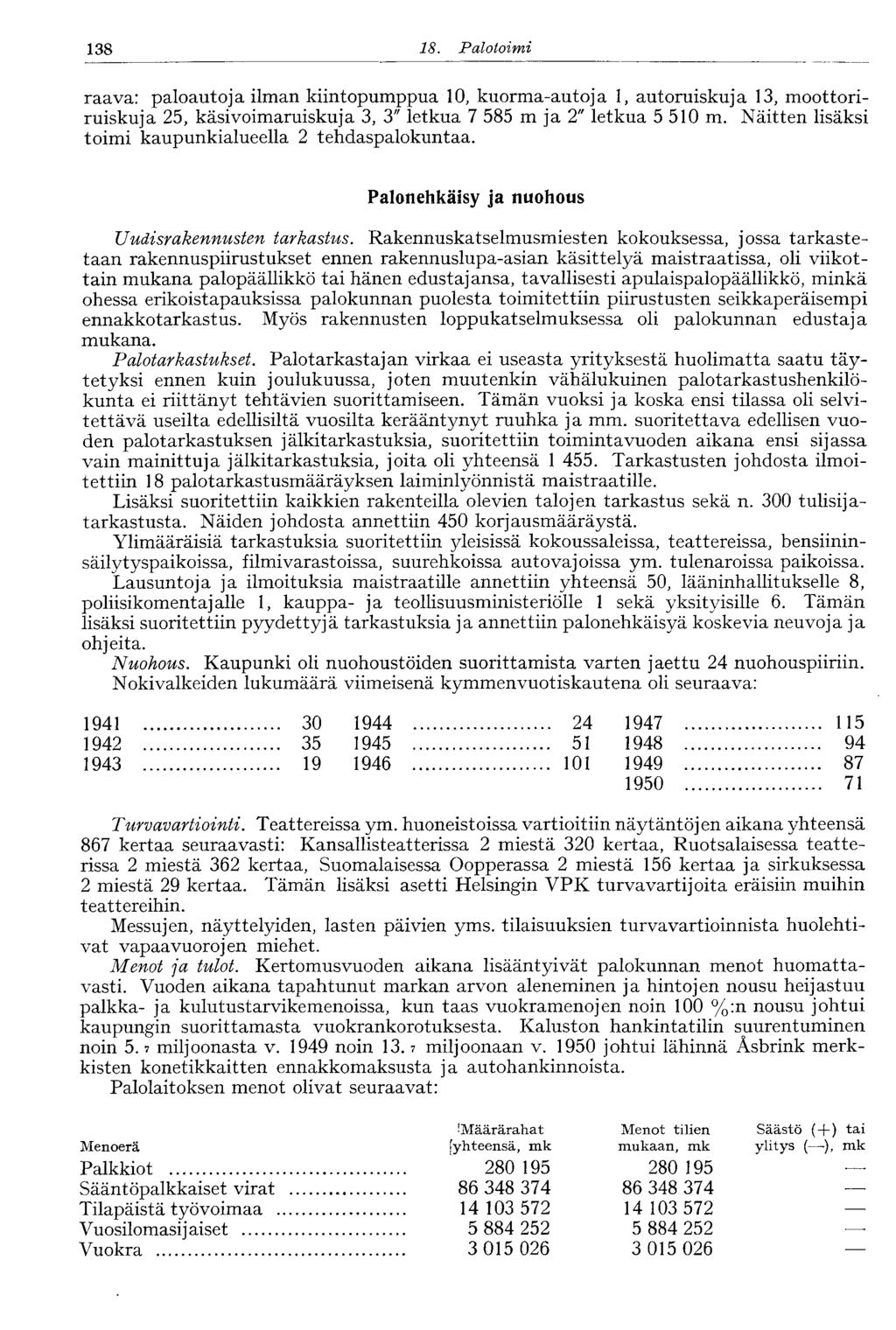 38 9. Huoltotoimi raava: paloautoja ilman kiintopumppua 0, kuorma-autoja, autoruiskuja 3, moottoriruiskuja 25, käsivoimaruiskuja 3, 3" letkua 7 585 m ja 2" letkua 5 50 m.