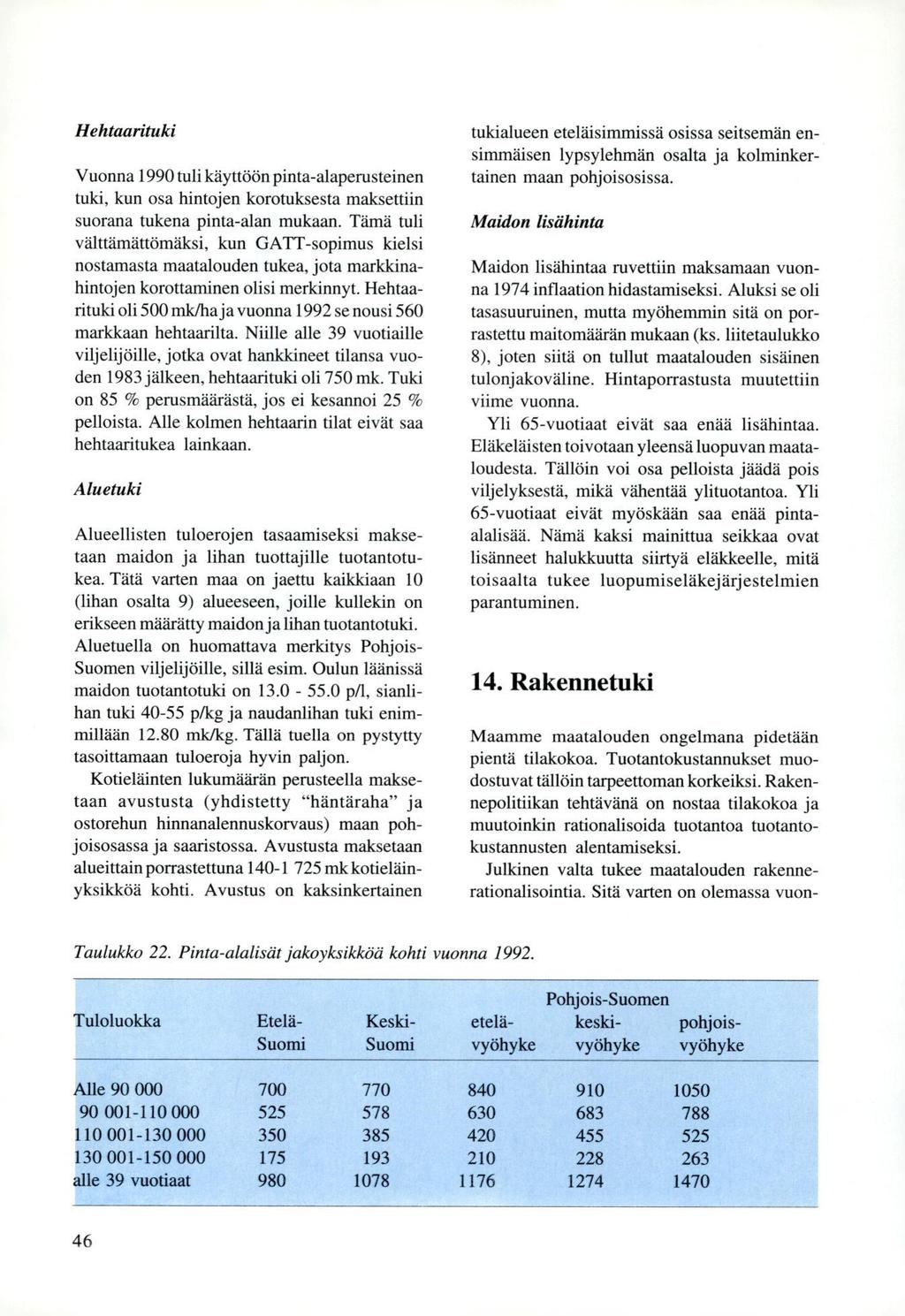 Hehtaarituki Vuonna 1990 tuli käyttöön pinta-alaperusteinen tuki, kun osa hintojen korotuksesta maksettiin suorana tukena pinta-alan mukaan.