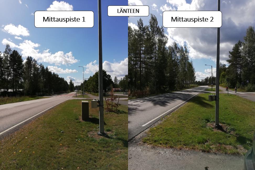 Tuloksissa on käsitelty liikenne lännen suuntaan. Pohjakartta: (Jyväskylän karttapalvelu) Kuva 34. Mittauspiste 1 sekä mittauspiste 2 ja näkymä länteen päin.