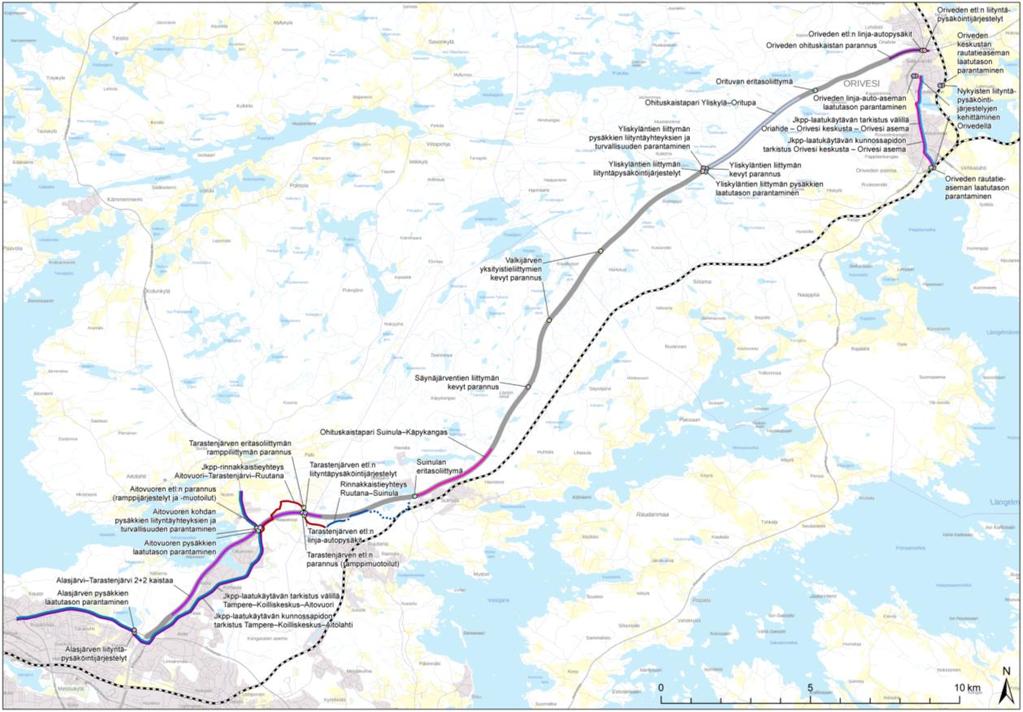 Kartalla ei ole infratoimenpiteitä, jotka koskettavat koko suunnittelujaksoa tai suurta osaa siitä: Leveä keskialue Tarastenjärvi Orivesi Vaihtuva nopeusrajoitus -järjestelmän päivitys