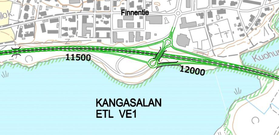 Kuva 53. Kangasalan eritasoliittymän vaihtoehto 1. Vaihtoehto 2 Vaihtoehdossa 2 nykyiset rampit säilyvät lähes ennallaan.