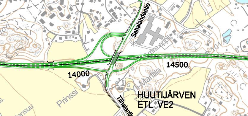 Kuva 56. Huutijärven eritasoliittymän parantamisen vaihtoehto 2 A. Vaihtoehto 2 B Vaihtoehdossa 2 B jalankulku- ja pyöräilyväylä on siirretty kantatien 58 itäreunalle.