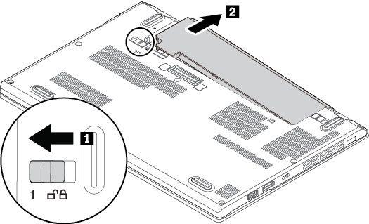 5. Avaa akun salpa 1 työntämällä sitä oikealle.