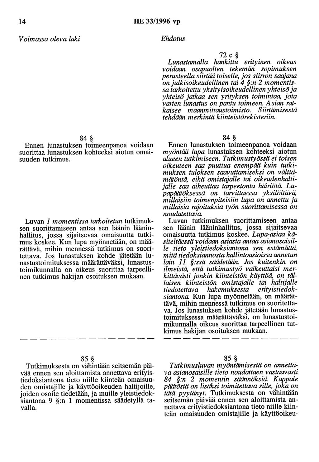 14 HE 33/1996 vp Voimassa oleva laki Ehdotus 72 c Lunastamalla hankittu erityinen oikeus voidaan osapuolten tekemän sopimuksen perusteella siinää toiselle, jos siirron saajana on julkisoikeudellinen