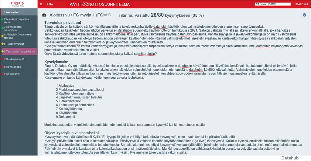 Käyttöönottosuunnitelmien mittaroinnin ja tehtävälistojen kyselylomake 1. Aloitussivu 2. Markkinaosapuolen taustatiedot 3.