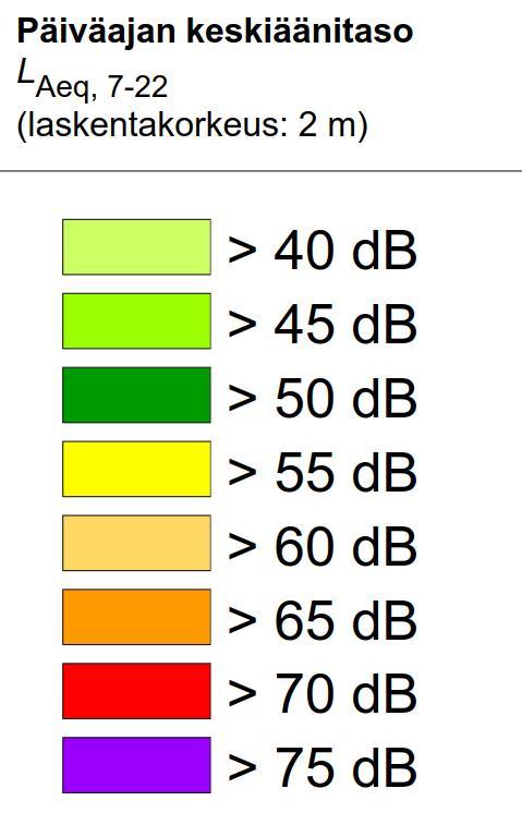 Ulkoa kantautuvasta melusta aiheutuvan melutason tulee liike- ja toimistohuoneissa alittaa A-painotetun ekvivalenttitason (LAeq) päiväohjearvo (klo 7-22) 45 db.