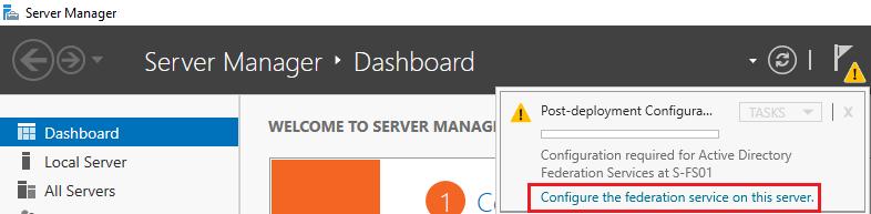 5.2 AD FS -palvelinten asennus ja konfigurointi Molemmille palvelimille (tässä S-FS01 ja S-FS02) lisätään Windows Server Managerin kautta Active Directory Federation Services roolipalvelu (ja sen