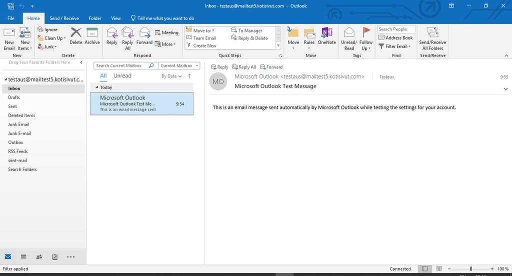 7 Kuvassa näkyy Outlookin lähettämä automaattinen testiviesti. Mikäli kansiot tai postit eivät näy oikein, niin palaa tämän ohjeen sivulle 4.