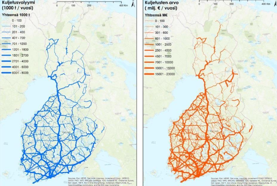 KULJETUKSET P-KARJALAN JA TEN-T YDINVERKON VÄLILLÄ Suurin osa kuljetuksista maanteitse Vt6 tärkeä etenkin metsäteollisuuden ja