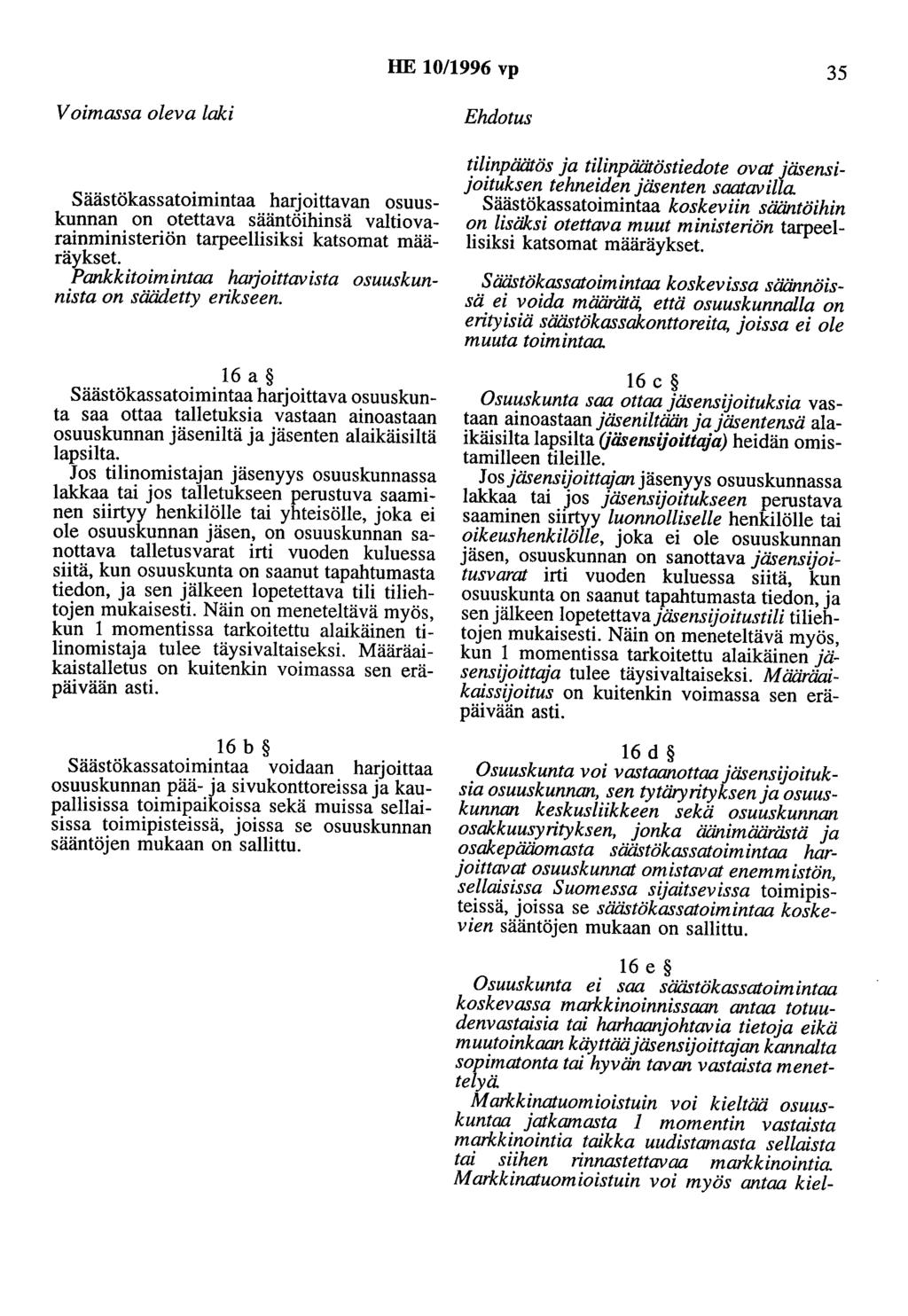 HE 10/1996 vp 35 Voimassa oleva laki Säästökassatoimintaa harjoittavan osuuskunnan on otettava sääntöihinsä valtiovarainministeriön tarpeellisiksi katsomat määräykset.