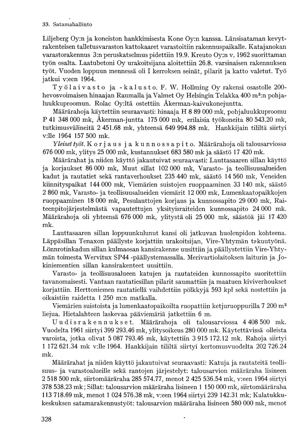 Liljeberg Oy:n ja koneiston hankkimisesta Kone Oy:n kanssa. Länsisataman kevytrakenteisen talletus varaston kattokaaret varastoitiin rakennuspaikalle.