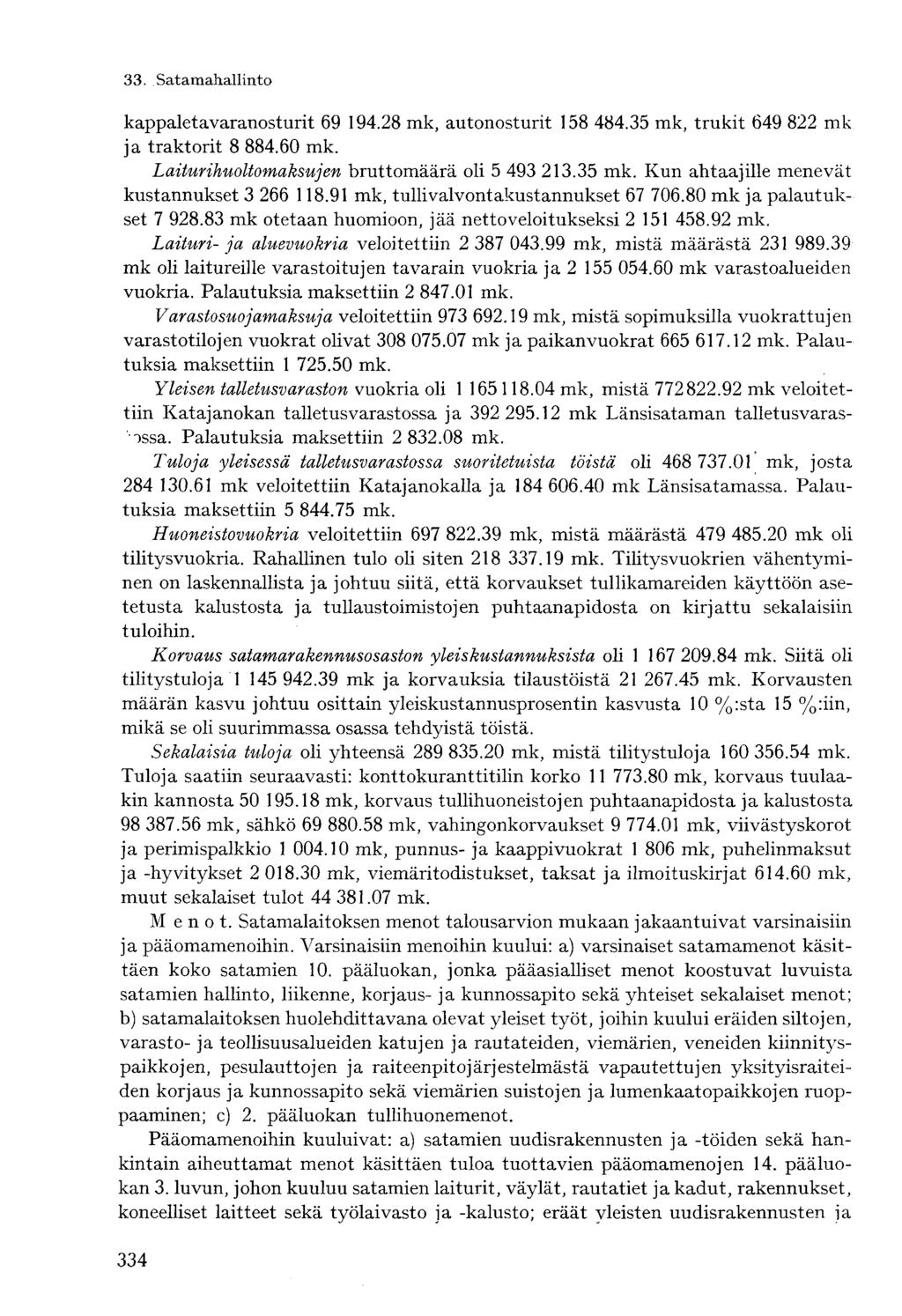 kappaletavaranosturit 69 194.28 mk, autonosturit 158 484.35 mk, trukit 649 822 mk ja traktorit 8 884.60 mk. Laiturihuoltomaksujen bruttomäärä oli 5 493 213.35 mk. Kun ahtaajille menevät kustannukset 3 266 118.