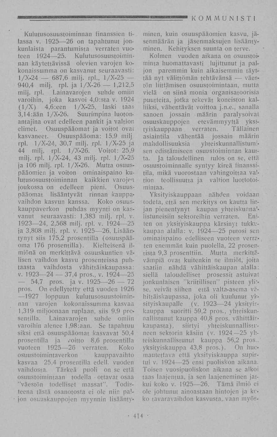 KOMMUNISTI Kulucusosuustoiminnan finanssien tilassa v. 1925 26 on tapahtunut jonkunlaista parantumista verraten vuoteen 1924 25.