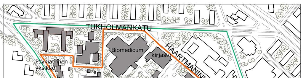 sairaalakampus, jota ympäröivät Tukholmankatu, Paciuksenkatu, Stenbäckinkatu sekä