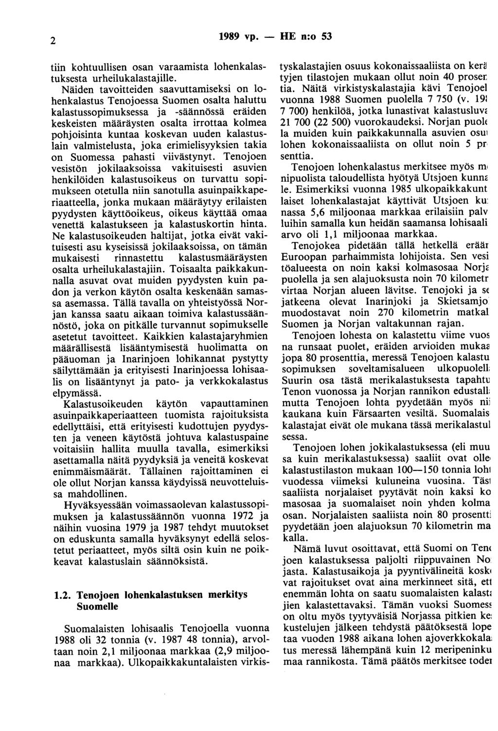 2 1989 vp. - HE n:o 53 tiin kohtuullisen osan varaamista lohenkalastuksesta urheilukalastajille.