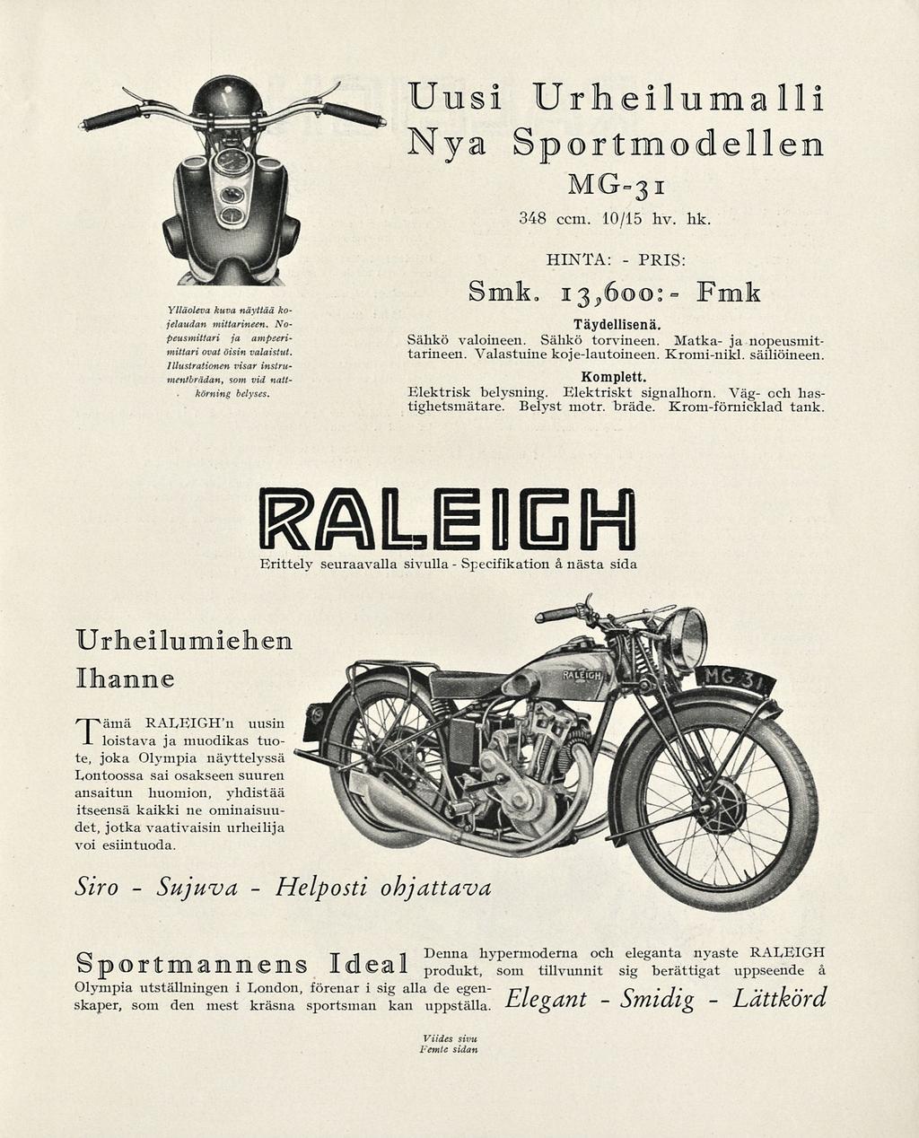 Sujuva Specifikation Uusi Urheilema lii Nya Sportmodellen MG31 348 ccm. 10/15 hv. hk. Ylläoleva kuva näyttää kojelaudan mittarineen. Nopeusmittari ja ampeerimittari ovat öisin valaistut.