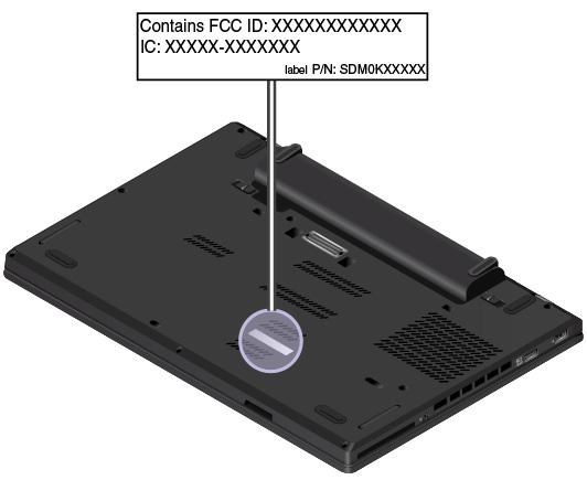 FCC- ja IC-laitehyväksyntämerkintä FCC- ja IC-laitehyväksyntätiedot näkyvät tietokoneessa olevassa tarrassa, joka on esitetty seuraavassa kuvassa.