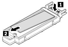 Huomautus: M.2 SSD -aseman päällä saattaa olla kalvo. Avaa kalvo ensin, jotta pääset käsiksi M.2 SSD -asemaan. 7. Paina M.2 SSD -asemaa varovasti 1, jotta se kääntyy ylöspäin. Liu'uta M.